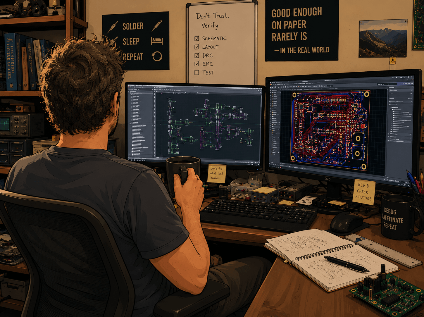 PCB engineer reviewing a layout at a dual-monitor workstation