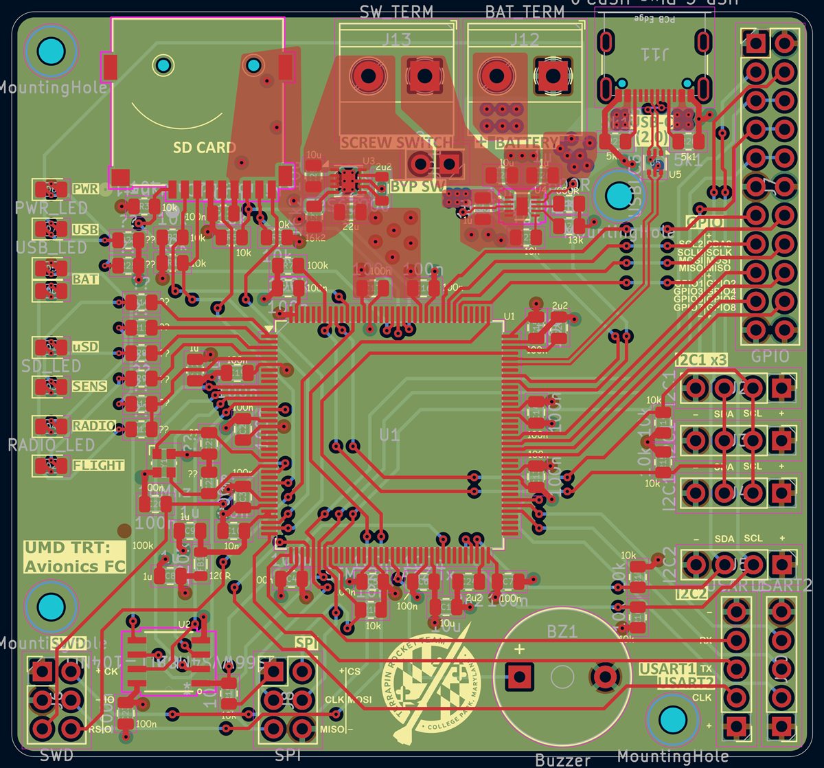 Full KiCad board with its original silkscreen, before running the silkscreen generator